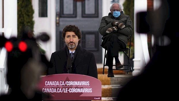 Trudeau co-opts Sanders meme to urge Canadians from traveling