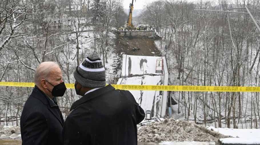At collapsed bridge, Biden envisions rebuilding America