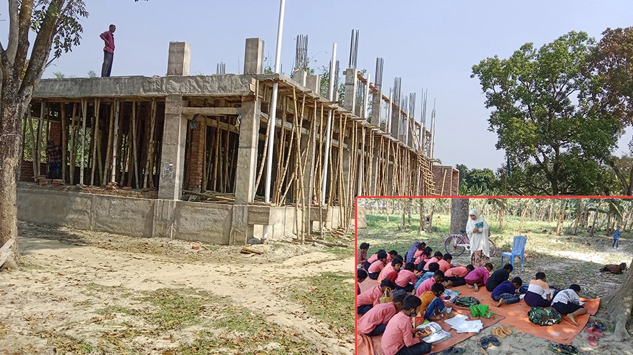 Lack of building forces children to attend class under open sky