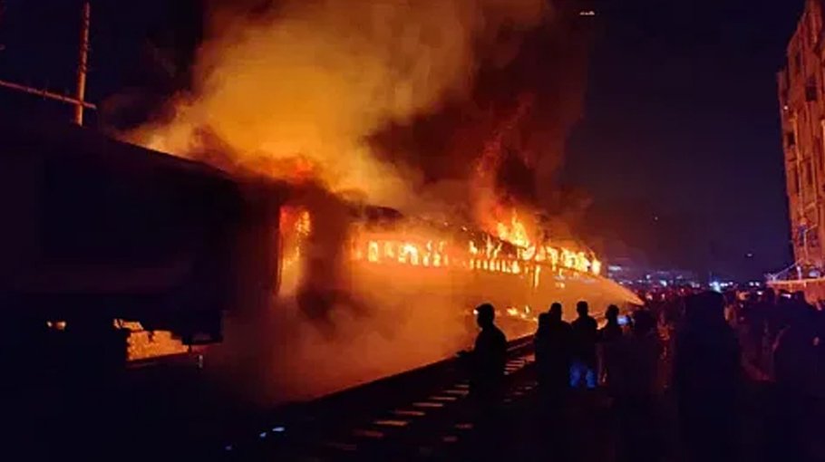 Train set on fire, two suffer burn injuries